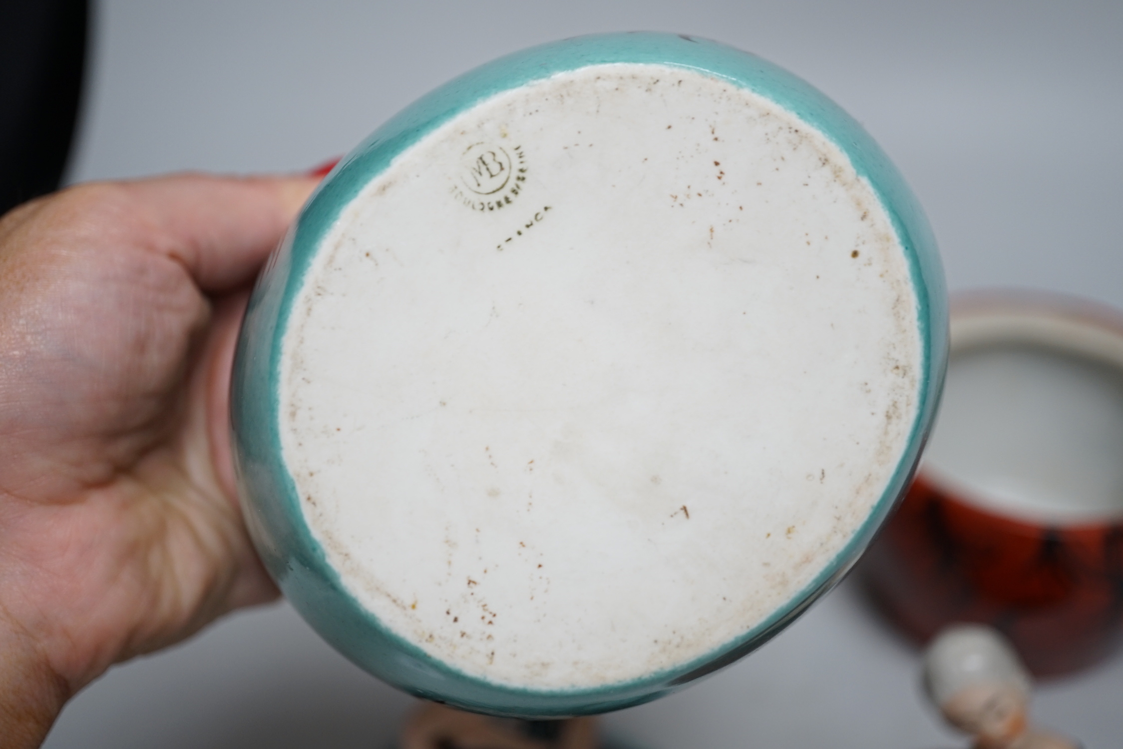 A 1930’s Robj figural ‘dancer’ powder bowl and cover and a similar powder bowl and cover, maker’s stamp on base, tallest 20cm